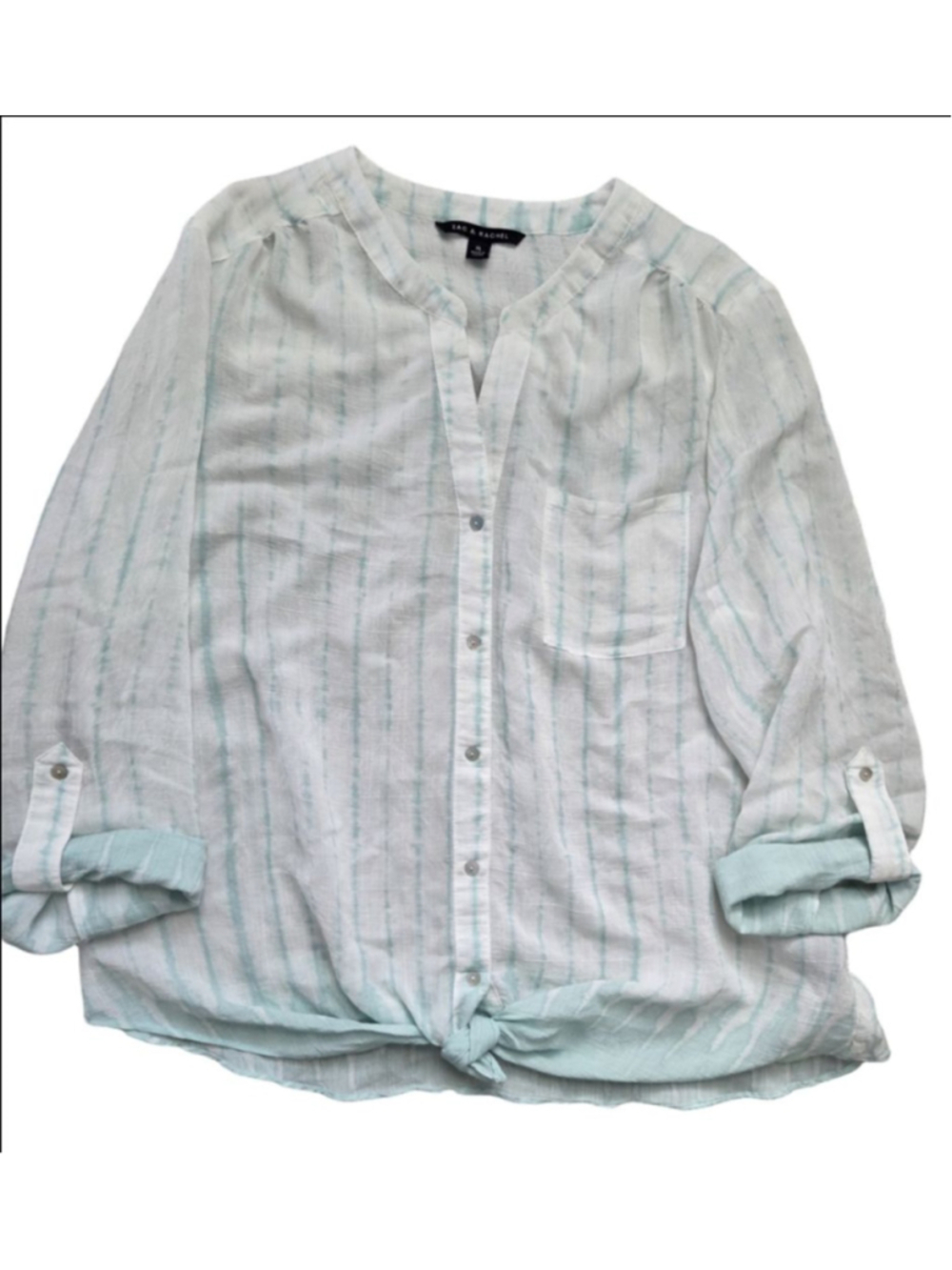 Women's Zac & Rachel Blouse XL White Light Blue Striped Tie Front
